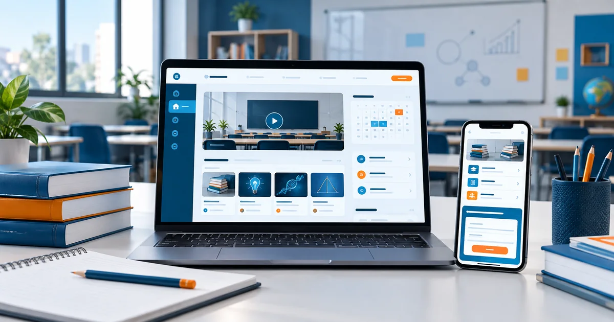 Illustrative coaching institute website on desktop and mobile with course listings and batch schedule