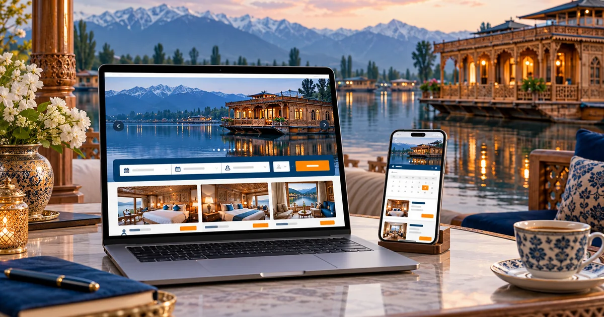 Illustrative hotel and houseboat website on desktop and mobile with room cards and booking enquiry form