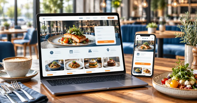 Illustrative restaurant website on desktop and mobile showing a menu, opening hours and reservation form