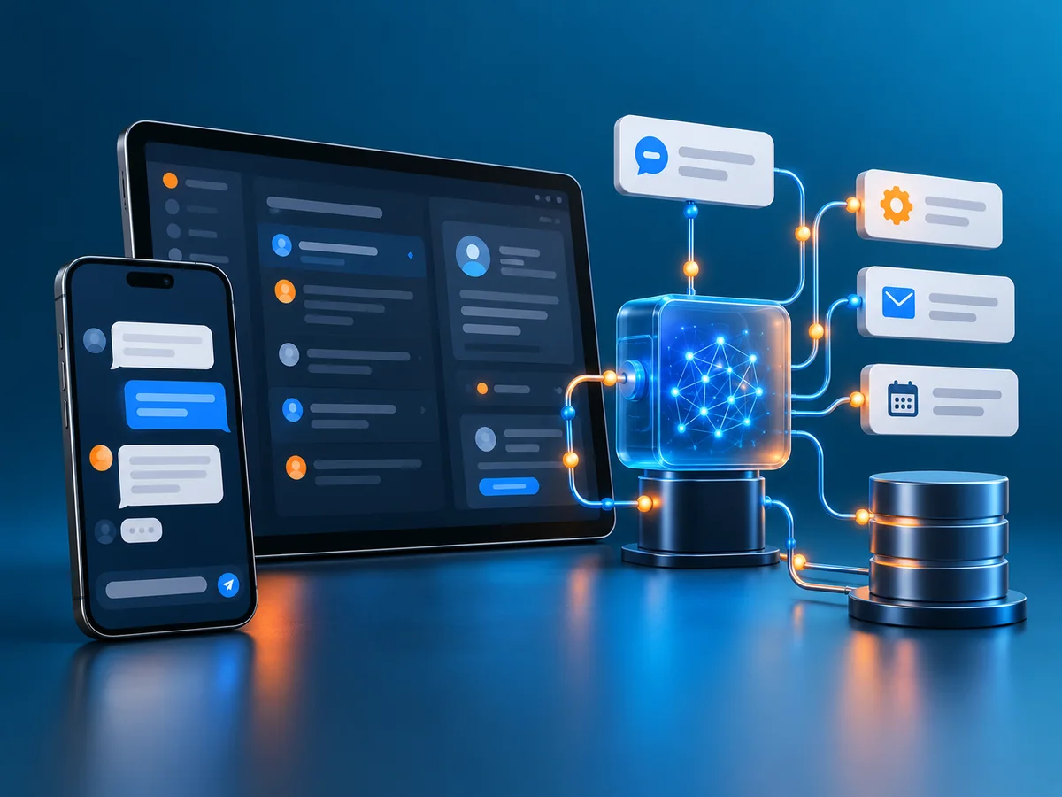 Customer chat interfaces connected to a workflow automation flow, illustrative concept