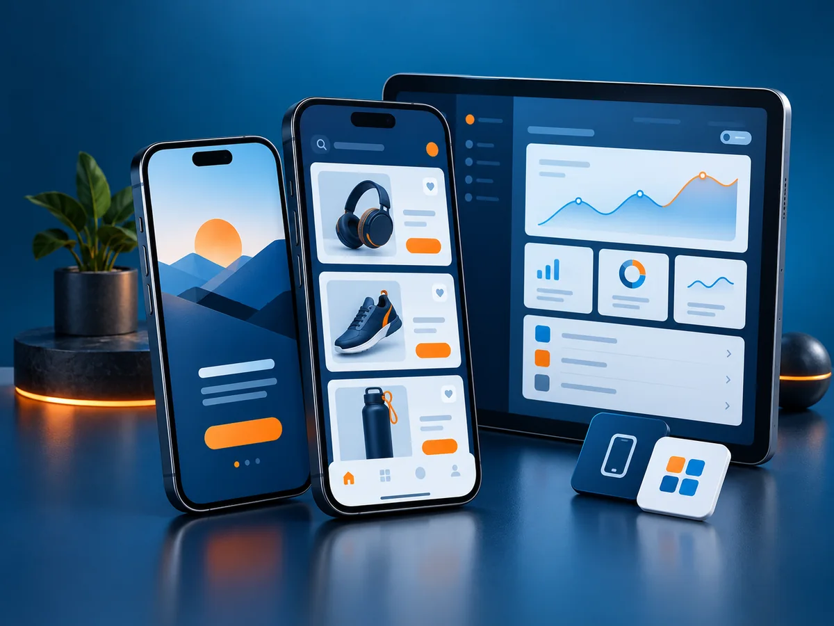 Smartphone and tablet app interfaces illustrated on a service overview panel