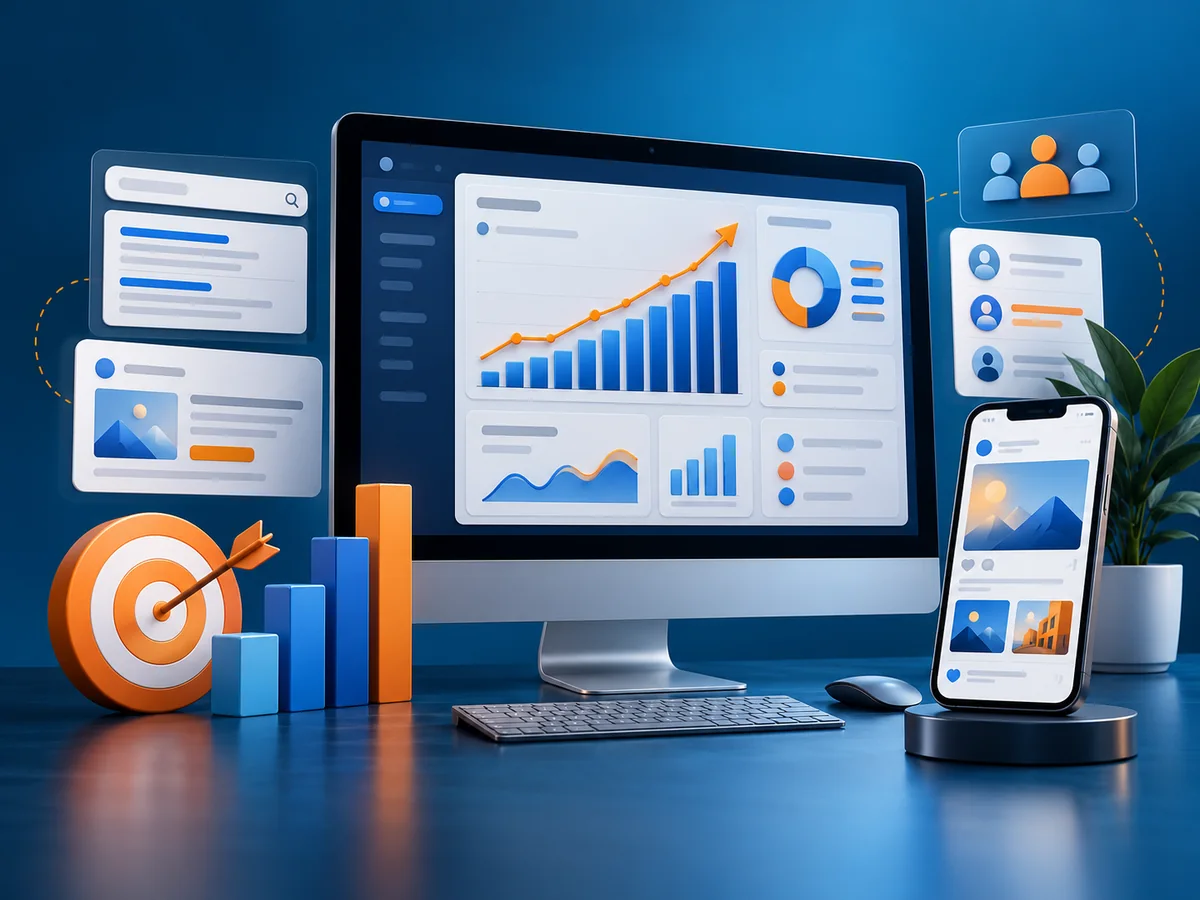 Marketing dashboard, search cards and audience elements as an illustrative concept