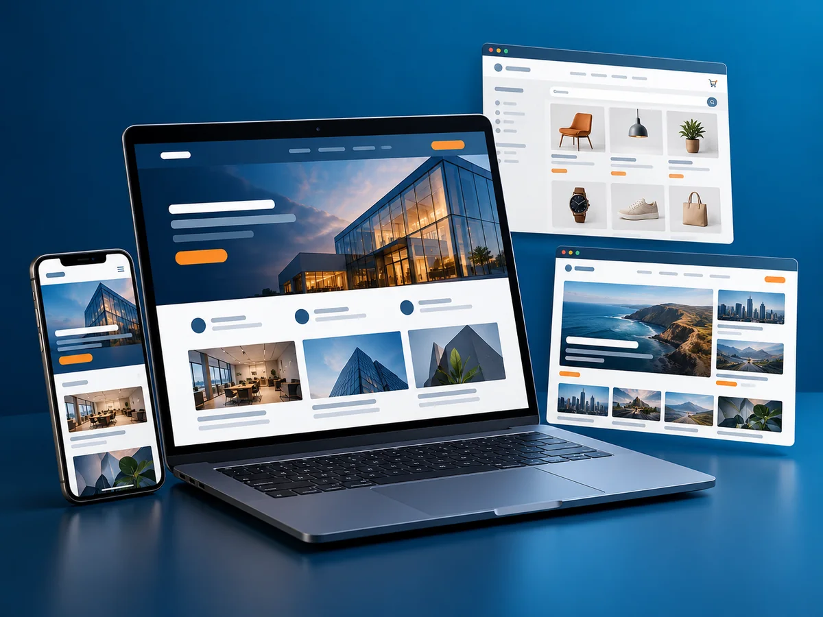 Responsive websites, e-commerce and news layouts illustrated on desktop and mobile screens